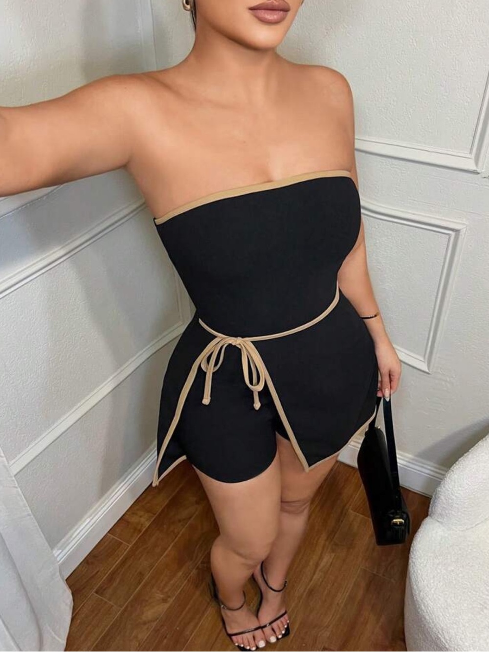 Strapless Black Romper with Tan Trim and Tie